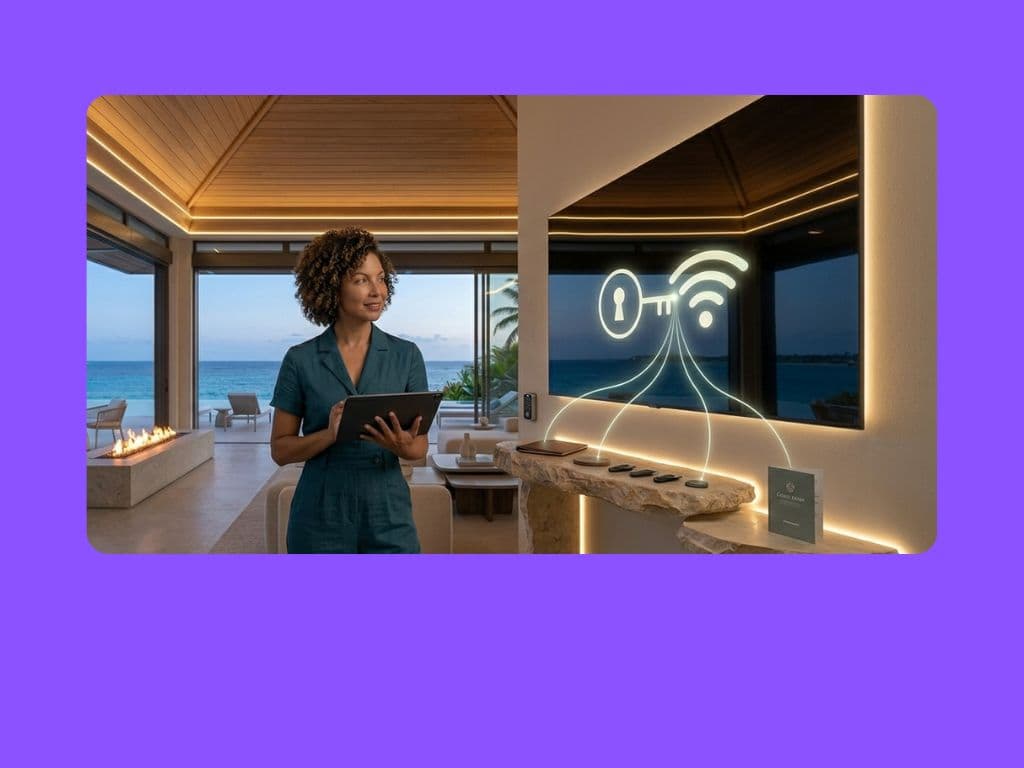 A branded countertop card that opens the property hub