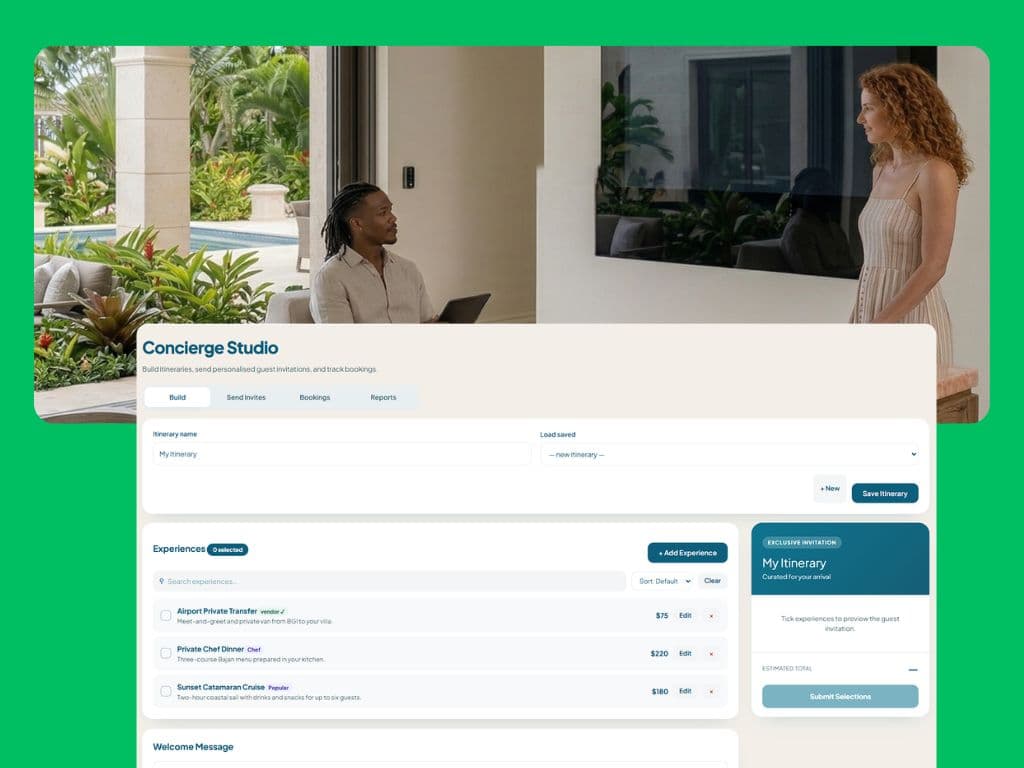 Concierge Studio itinerary builder with a host welcoming a guest