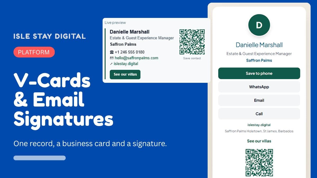 A digital business card and the matching email signature, both carrying a save-contact QR