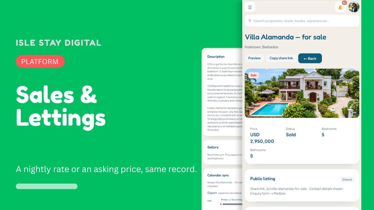 A property record for a villa listed for sale, with price, status and a public share link