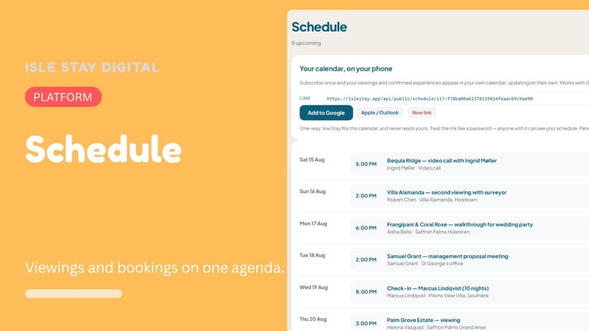 The schedule of upcoming viewings and bookings, with its calendar subscription link