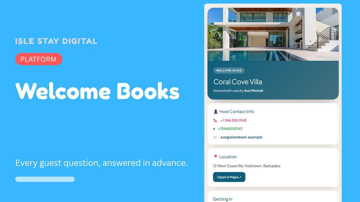 A property welcome guide showing host contact, location and getting in