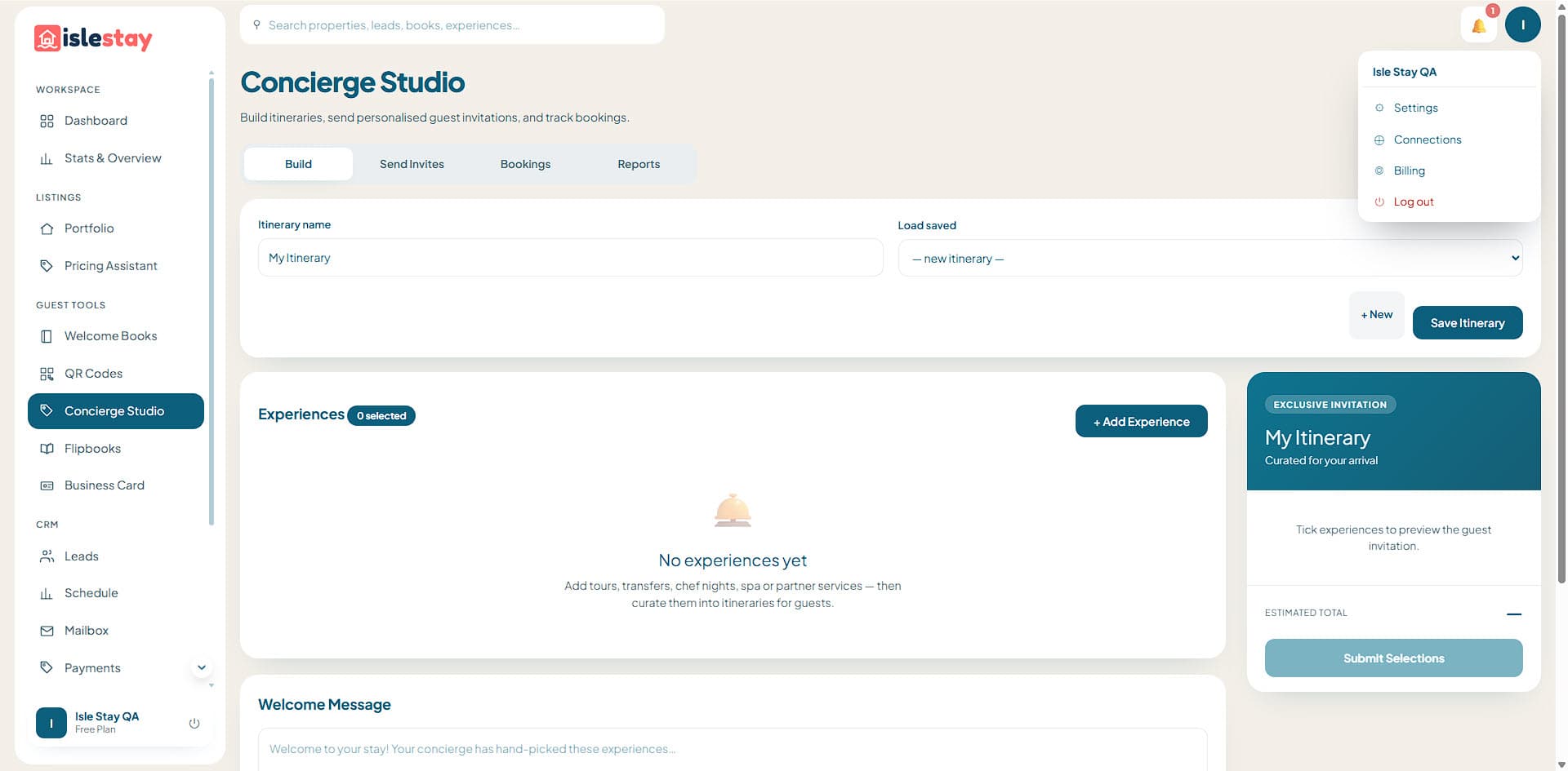 Concierge Studio: build, send invites, bookings and reports