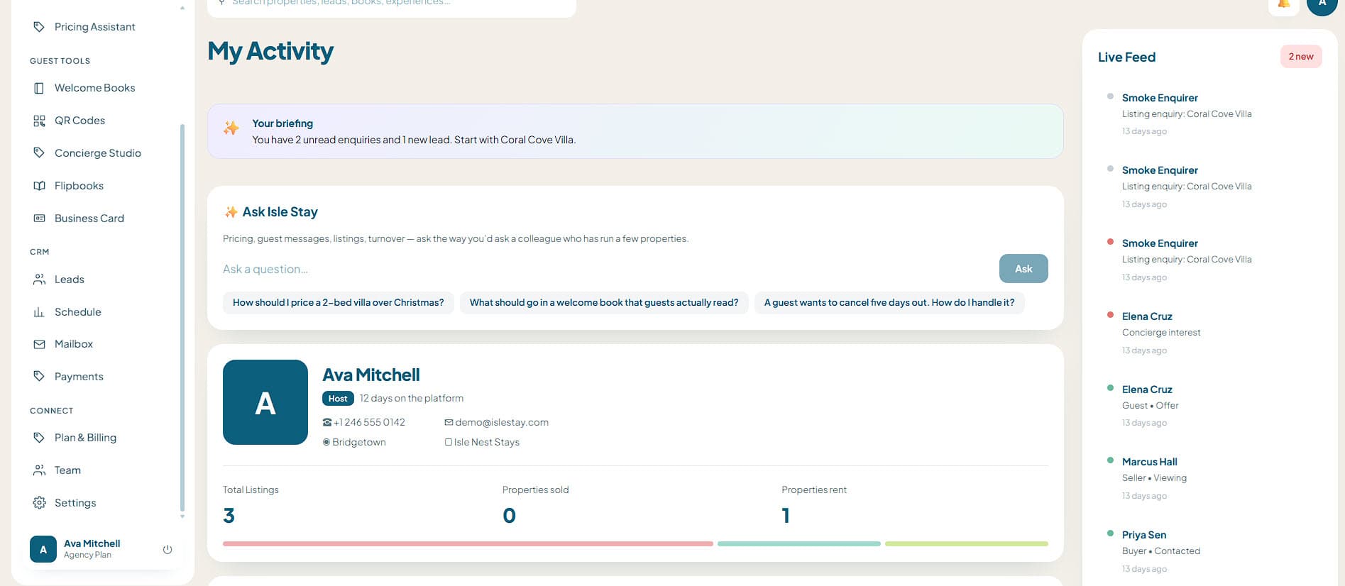 The Isle Stay dashboard: daily briefing, activity feed and Ask Isle Stay