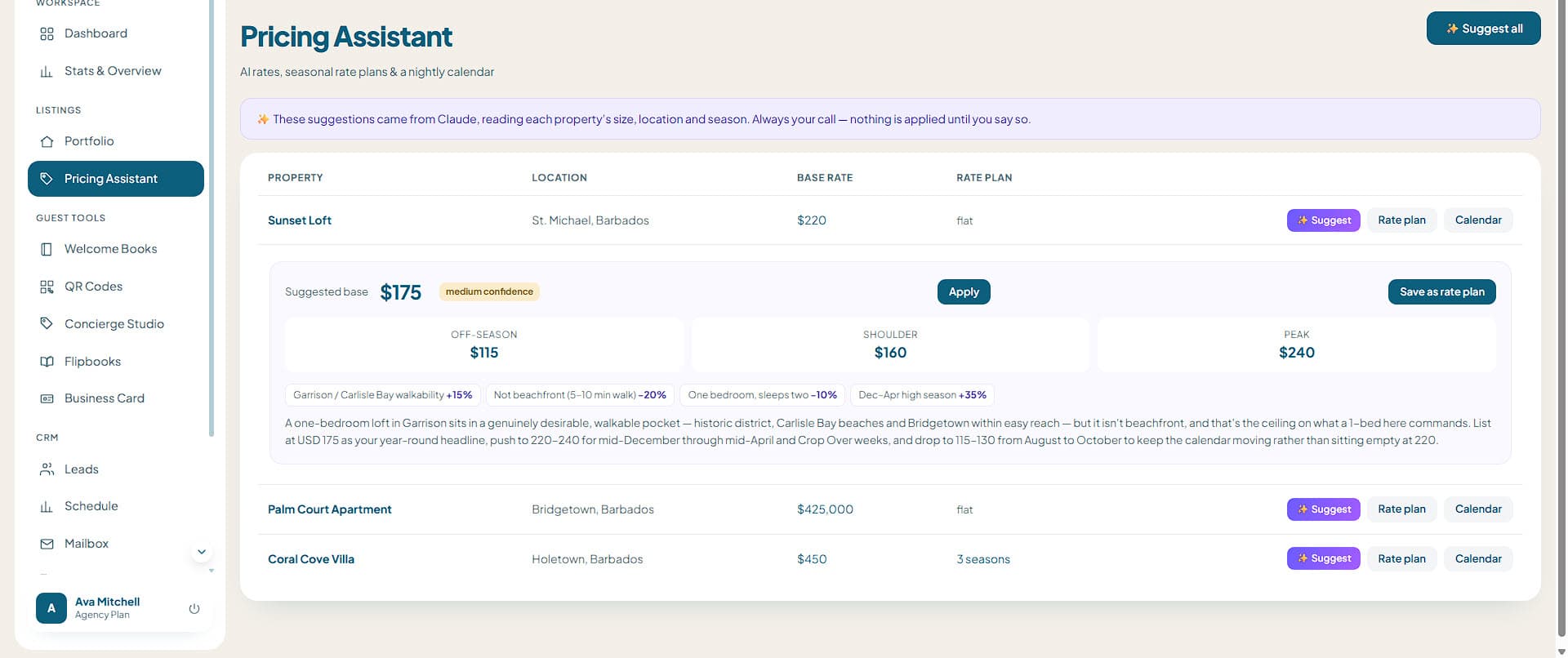 Pricing Assistant suggesting a base rate with seasonal plans and reasoning tags